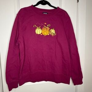 Basic Editions Womens Magenta Pumpkin Squirrel Embroidered Sweatshirt Large L